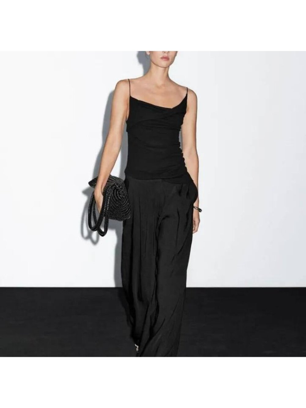 Massimo Dutti Womens Asymmetric Top Black Ruched Draped Small 6804/203 NWT